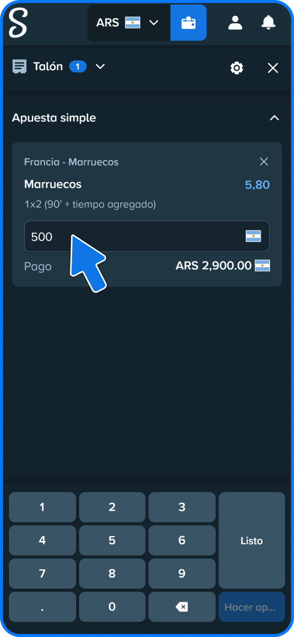 Escribe la cantidad de dinero que deseas apostar en Stake oficial.